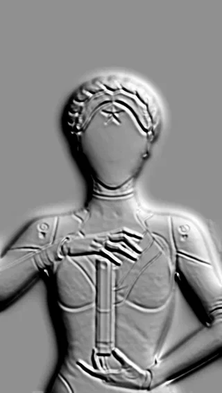 3D модель барельефа женщины в доспехах, держащей меч, с детализированными чертами лица и прической.