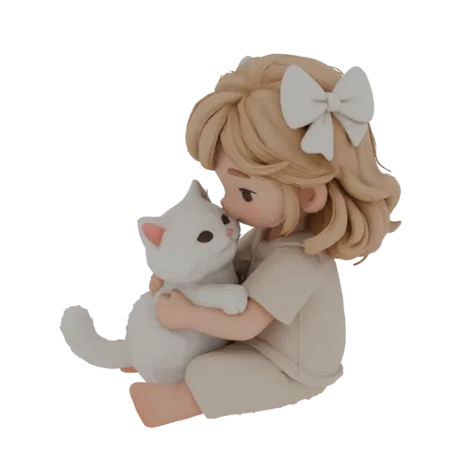 3D модель девочки с бантом, нежно целующей белого котенка, в стиле детской иллюстрации