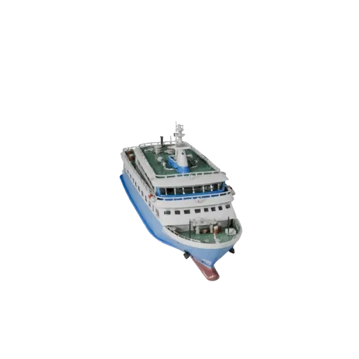 3D модель парома, вид в три четверти в студии, готовый к использованию в Blender актив с формой корпуса, планировкой палубы и