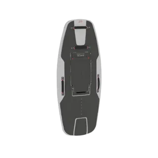 Top-down view of a futuristic electric surfboard 3D model, featuring a dark gray deck with red accents and a light gray body.