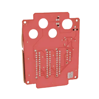 3D model of a red printed circuit board with circular cutouts and rows of white connector pins, viewed from an angle.