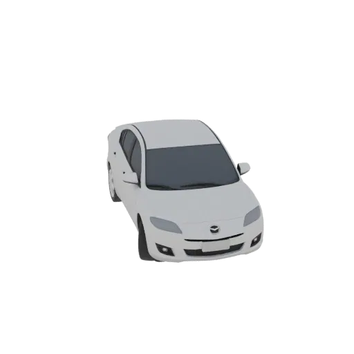 3D модель белого автомобиля Mazda 3 Sedan 2007 года с затемненными стеклами, вид спереди под углом