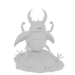 3D модель мускусного жука-оленя, демонстрирующего силу на скалистом основании, с выраженными рогами и детализированными сегме