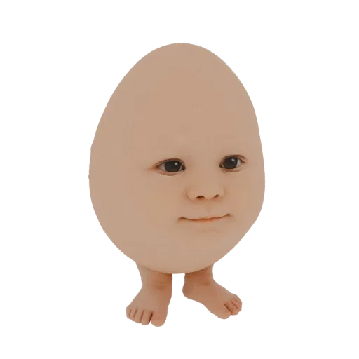 3D модель светло-коричневого яйца с лицом младенца и маленькими человеческими ногами на белом фоне.