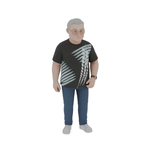 3D модель дружелюбного мужчины средних лет с седыми волосами, в очках, в черной футболке и синих джинсах, стоит непринужденно