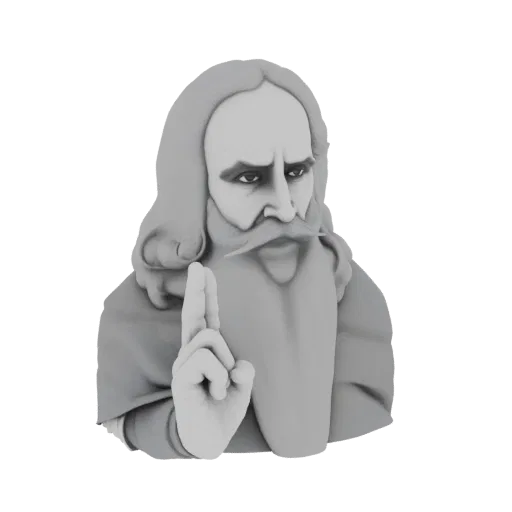 Рендер 3D-модели бюста старика с длинной белой бородой и поднятым указательным пальцем, задумчиво смотрящего в сторону.