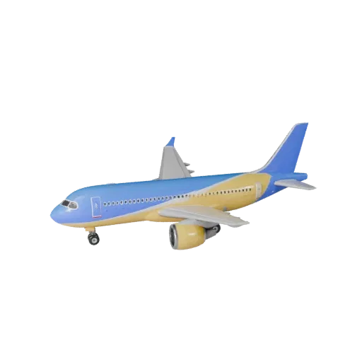 Мультяшный пассажирский авиалайнер, 3D-модель, вид в студии с трех четвертей, стилизованный ассет транспортного средства с ба