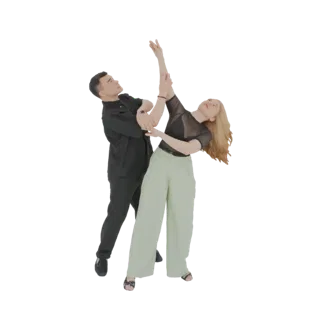 3D модель двух танцоров в элегантной позе, один в черном, другой в мятно-зеленых брюках, на белом фоне.