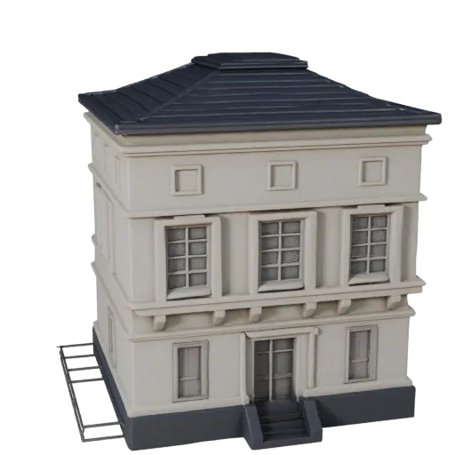 Печатная модель средиземноморского дома STL 3D, изометрический вид, показывающий материалы жилых зданий и архитектурные детал