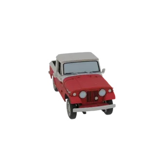 3D-рендер винтажного красно-белого пикапа Jeep, вид с немного приподнятого передне-правого угла на белом фоне.
