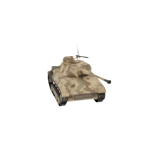 3D модель немецкого танка Panzer IV времен Второй мировой войны с пустынным камуфляжем, вид спереди слева под небольшим углом
