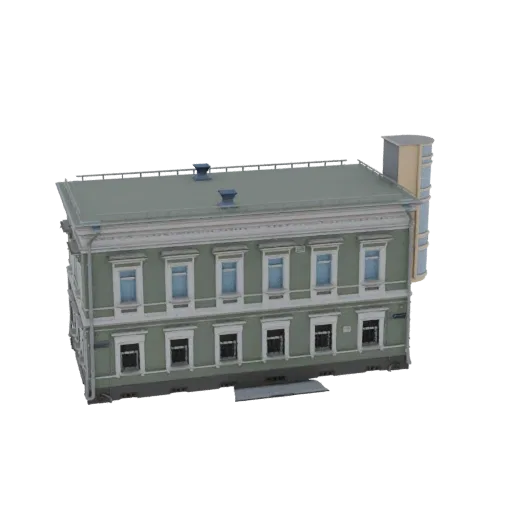 3D-модель классического двухэтажного зеленого здания с белой отделкой и выразительным эркерным окном на черном фоне.