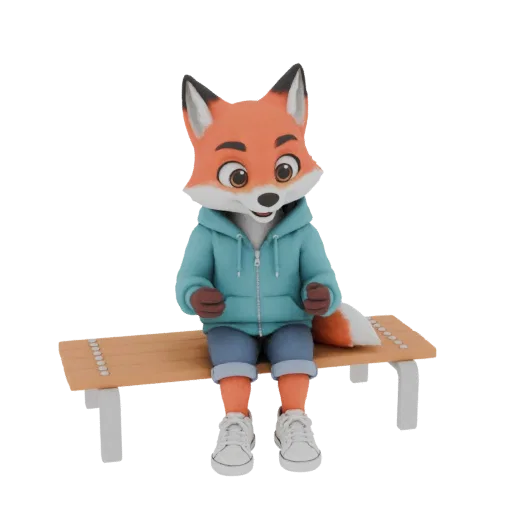 3D модель милого, мультяшного лиса в синем худи и джинсах, сидящего на деревянной скамейке.