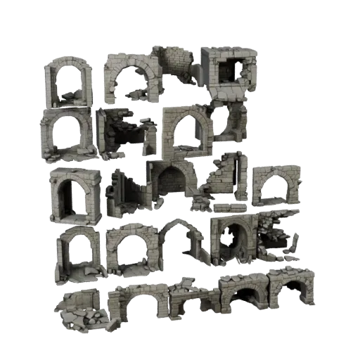 Модульная 3D-модель затопленного интерьера руин, изометрический вид модульного набора, показывающий старый камень, построенны