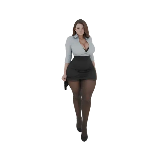3D-модель бизнес-леди в светло-голубой блузке и черной юбке-карандаш, с темными колготками и черными туфлями на каблуке.
