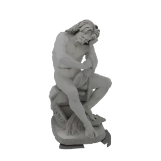 3D модель классической скульптуры мужчины, сидящего на камне, голова на руке в задумчивой позе.