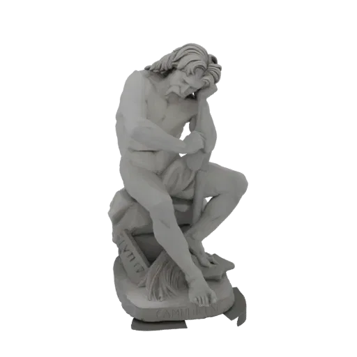 3D модель классической скульптуры мужчины, сидящего на камне, голова на руке в задумчивой позе.
