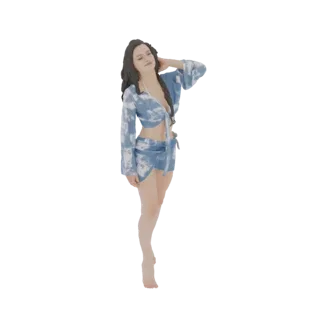 3D model of a woman wearing a blue tie-dye crop top and mini skirt, posing with her hand on her head.