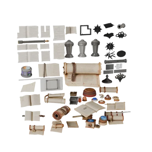 Высокополигональная 3D-модель набора свитков для мастерской, студийный рендер крупным планом, показывающий бумажные карточки,