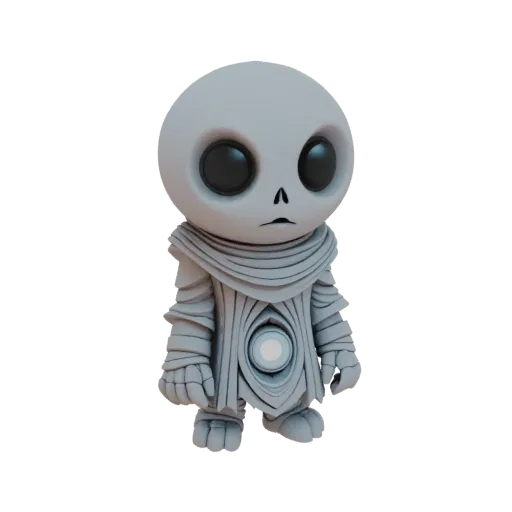 3D модель загадочного серого инопланетного существа с большими черными глазами и детализированной броней, стоящего на белом ф