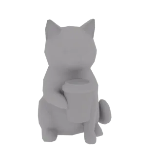 3D рендер серого, стилизованного кота, сидящего и держащего белую кофейную чашку в лапе.