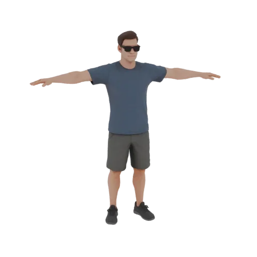 3D модель мужчины в синей футболке, серых шортах и солнцезащитных очках, стоящего с руками, согнутыми в локтях.
