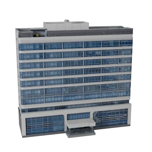 Офисный блок, печатная STL 3D модель, изометрический вид, показывающий материалы коммерческого офисного здания и архитектурны