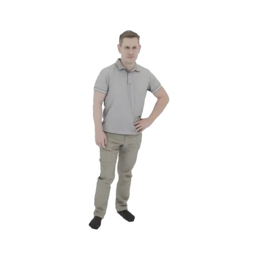 3D модель мужчины в светло-серой рубашке-поло и бежевых брюках, стоящего с рукой на бедре.
