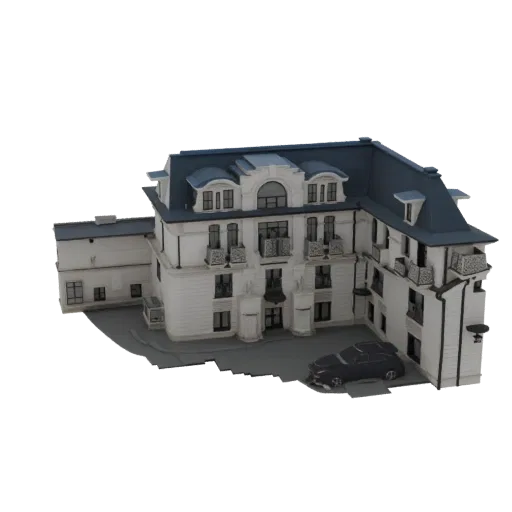 3D model of a detailed French-style mansion with a blue roof, balconies, and a car parked in the driveway, set against a whit