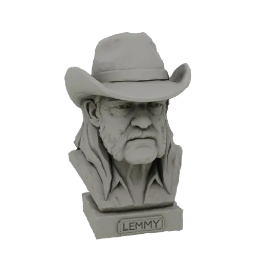 3D модель бюста Лемми Килмистера в ковбойской шляпе, с надписью 'LEMMY' на основании.