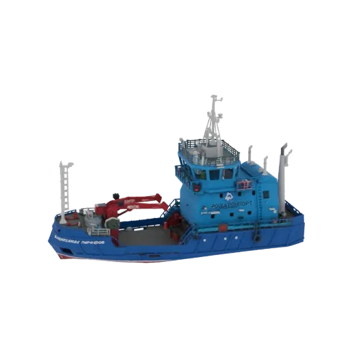 3D модель синего буксира с красным краном и русским текстом на корпусе, на черном фоне.