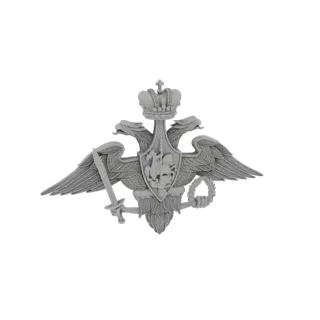 3D модель герба с двуглавым орлом России, с короной, мечом и щитом, с металлической отделкой.