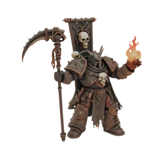 3D модель Воина Хаоса в ржавых доспехах с косой и огненным шаром, стиль Warhammer 40,000