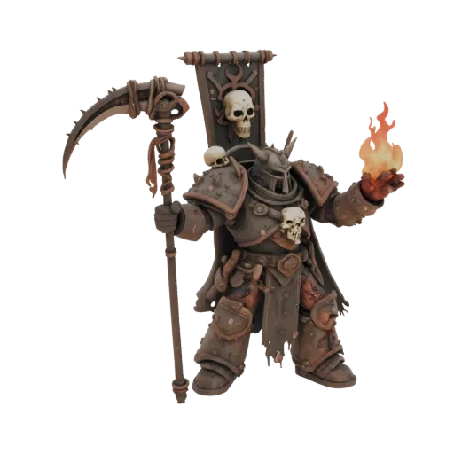 3D модель Воина Хаоса в ржавых доспехах с косой и огненным шаром, стиль Warhammer 40,000