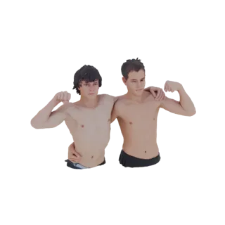 3D-модель двух молодых парней, стоящих рядом, напрягающих бицепсы с поднятыми руками.