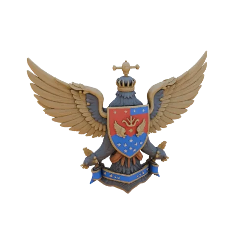 3D модель Герба Российской Федерации с двуглавым орлом, короной и щитом, на белом фоне