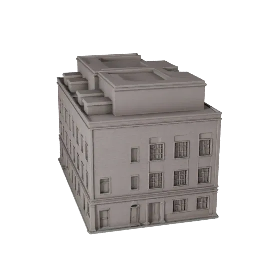 Печатная STL 3D модель таунхауса, изометрический вид, показывающий материалы жилого здания и архитектурные детали