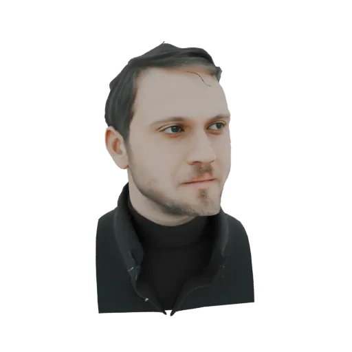 Рендер 3D модели мужчины с короткими темными волосами, бородой, в черной водолазке и куртке, смотрящего в сторону.