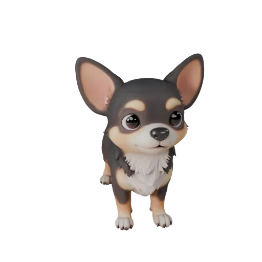 Мультяшная 3D-модель чихуахуа, вид сбоку, стилизованная модель животного с направлением шерсти, объемом груди, структурой лап