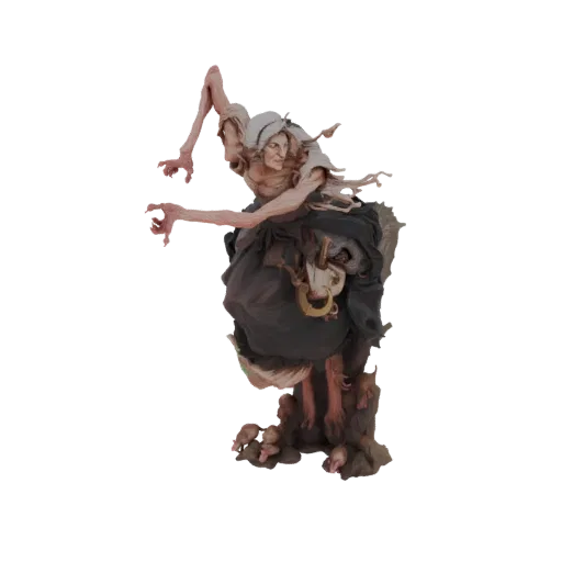 3D модель злой колдуньи с костлявыми руками и рваной мантией, окруженная мышами у основания.