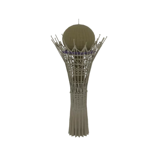 3D модель Байтерека, футуристический монумент с золотой сферой на тонкой решетчатой структуре, на белом фоне.