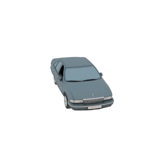 3D модель темно-бирюзового седана 90-х, вид спереди справа под небольшим углом на черном фоне.