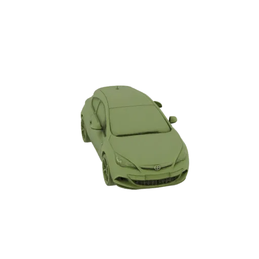 3D модель автомобиля-хэтчбека, выполненная в сплошном монохромном зеленом цвете, вид под слегка приподнятым углом.