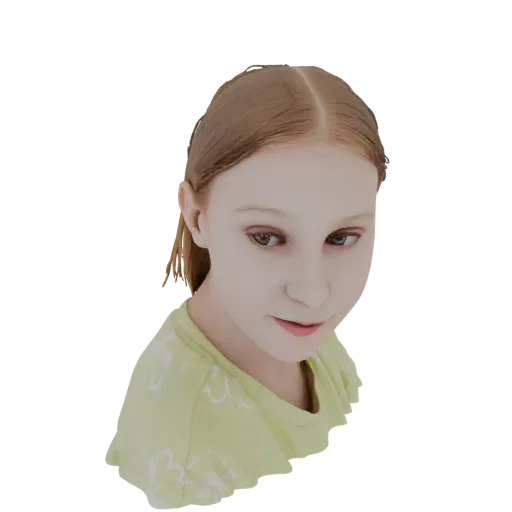 3D модель девушки с русыми волосами в зеленой футболке с оборками, смотрящей вниз с нежным выражением лица.