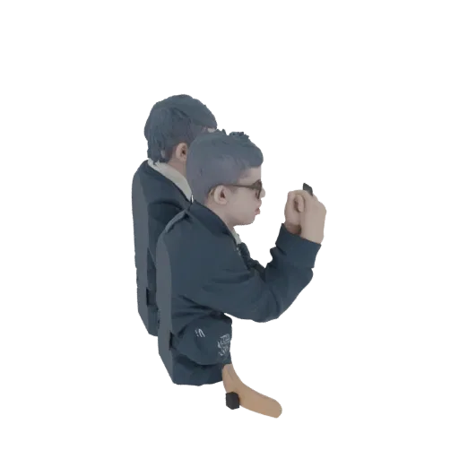 3D модель двух мальчиков, один держит смартфон, на белом фоне.