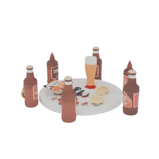 3D модель композиции из бутылок пива, чипсов и сушеного мяса на столе