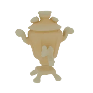 Рендер 3D модели миниатюрного самовара светло-бежевого цвета с витиеватым многоногим основанием на белом фоне.