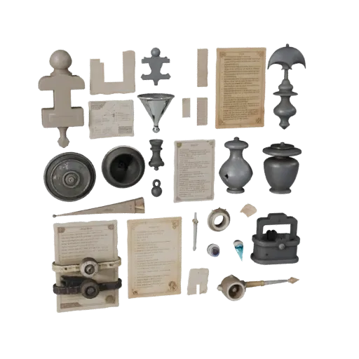 Реалистичная 3D-модель Fantasy Street Clutter, трехчетвертной студийный рендер, показывающий бумажные карточки, мелкие читаем