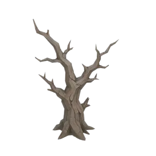 3D-модель стилизованного, мертвого, корявого дерева с искривленными ветвями и текстурированной корой на белом фоне.