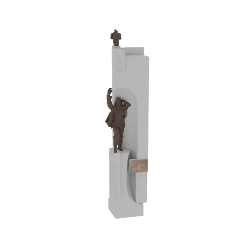 3D модель белого памятника с бронзовой скульптурой авиатора, тянущейся вверх, и меньшей фигурой наверху.